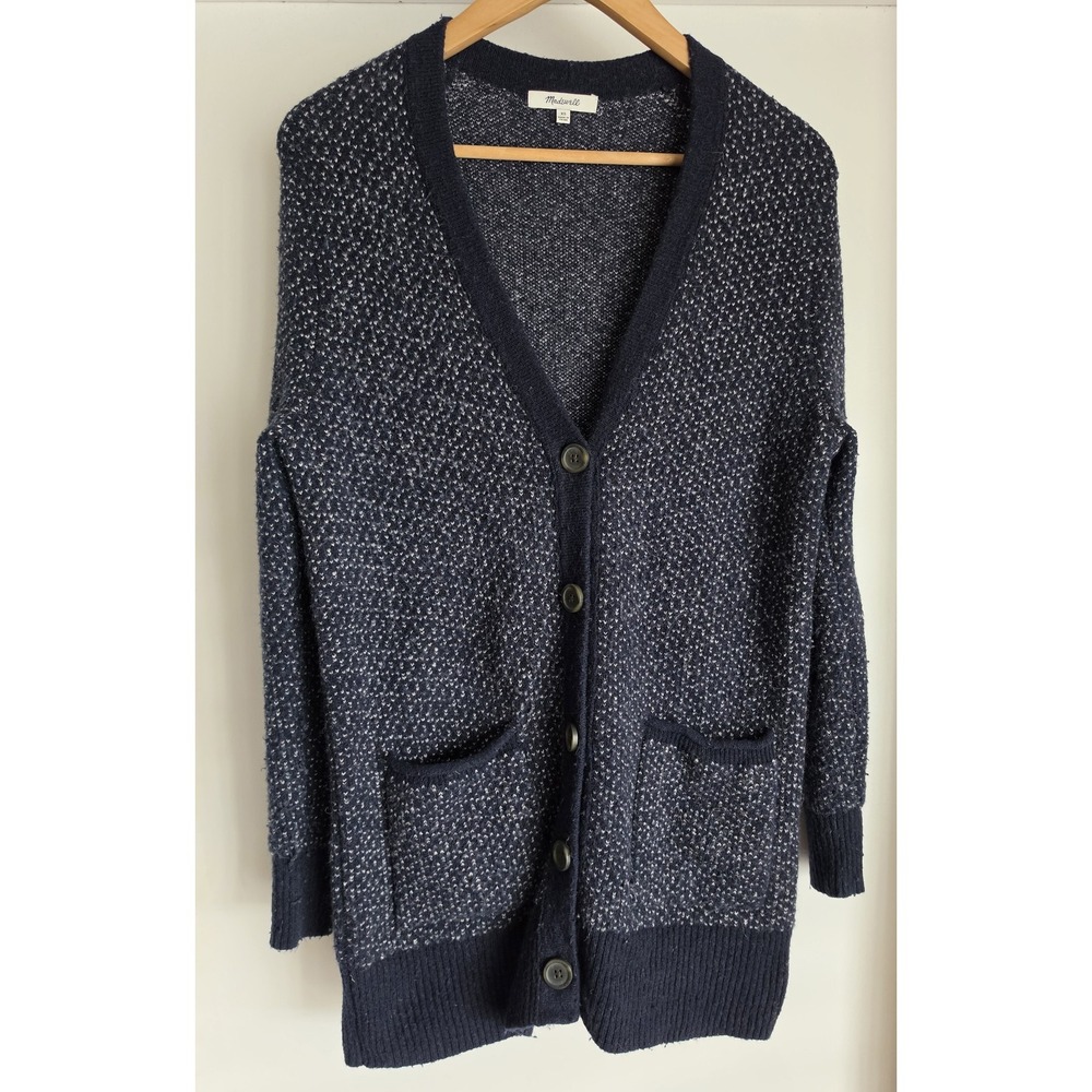 Madewell Cardigan XS Navy Blue White Speckled V-Neck Long Sleeve Wool Alpaca
